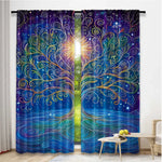 rideau moderne arbre stylisé branches ondulées fond galactique étoiles polyester bleu violet jaune vert