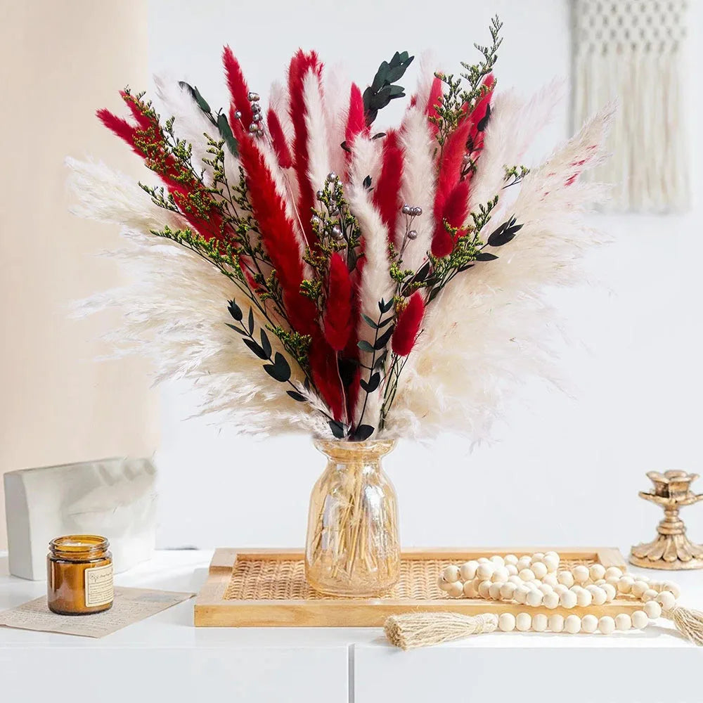 Bouquet fleurs séchées pampas blanche rouge décoration maison anniversaire boho festive