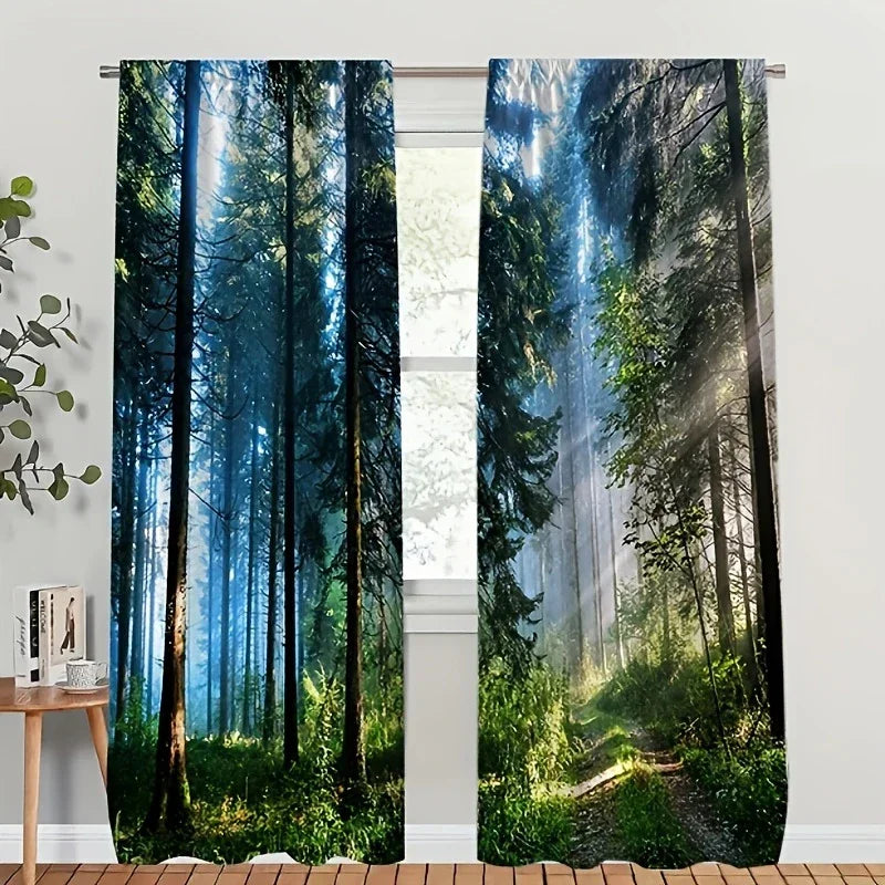 rideau imprimé forêt moderne bleu vert 100 polyester fenêtre 60x150cm x2