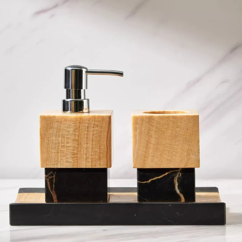 ensemble salle bain marbre moderne bouteille savon porte savon plateau vert marron noir blanc