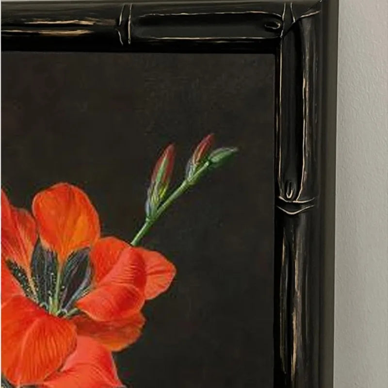 tableau fleurs classique cadre bois peinture huile toile rectangulaire opaqueintérieur décoration moderne