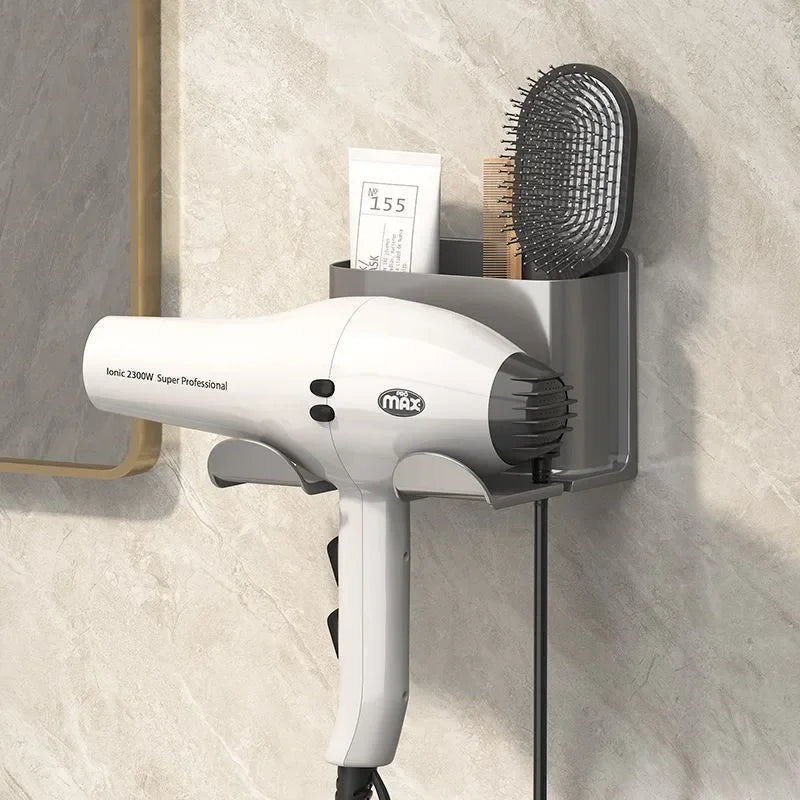 rangement mural sèche cheveux brosse peigne masque soin gris moderne épuré adhésif accessoire coiffure