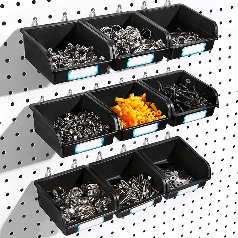 boîtes rangement noir clips métalliques organisation outils atelier garage moderne utilitaires.storage efficient petite pieces