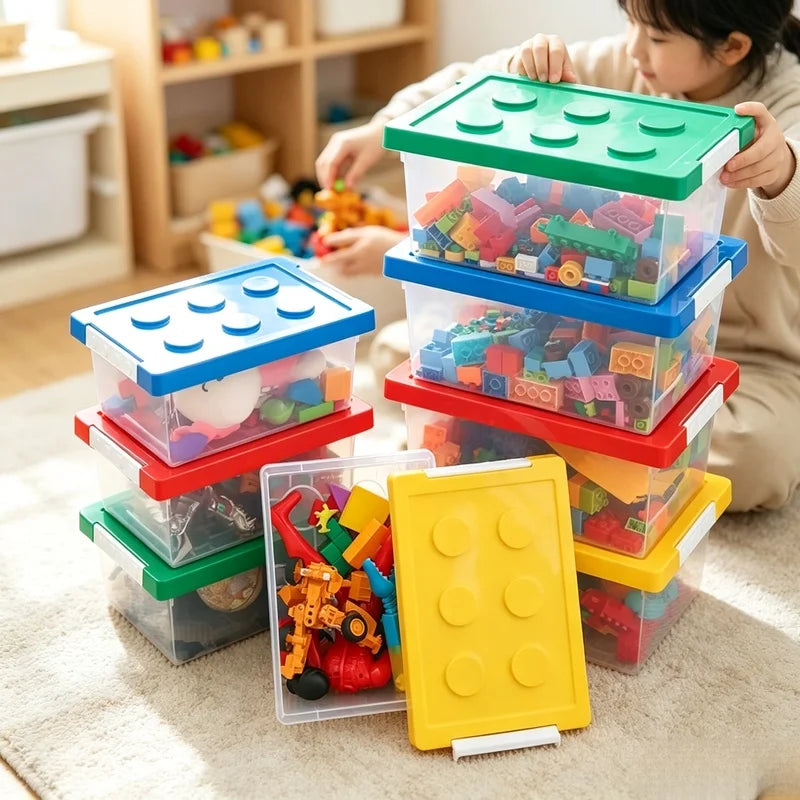 boîte rangement plastique transparente jouets blocs construction empilable chambre enfant colorée