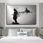peinture toile samouraï corbeau japonais noir blanc contemporain sans cadre vertical salon decoration