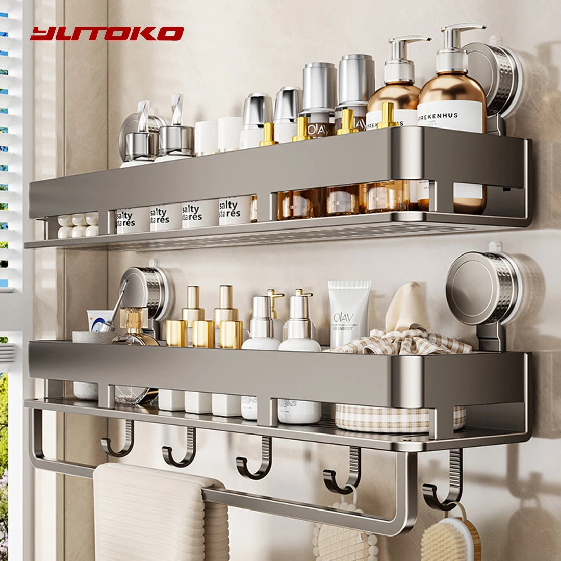 étagère murale salle bain aluminium gris métallisé lisse brillante sans perçage moderne minimaliste 30