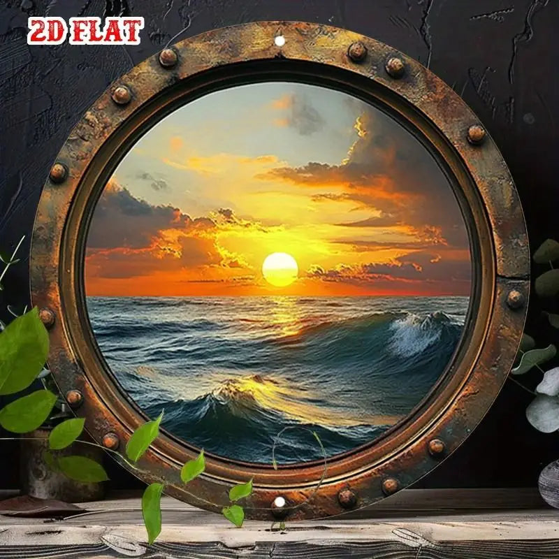 cadre mural vintage océan coucher soleil bleu gris marron bordure métallique vieillie 20x20cm