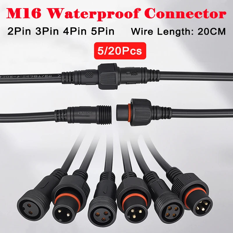 connecteur étanche m16 mâle femelle noir bande led extérieur broches
