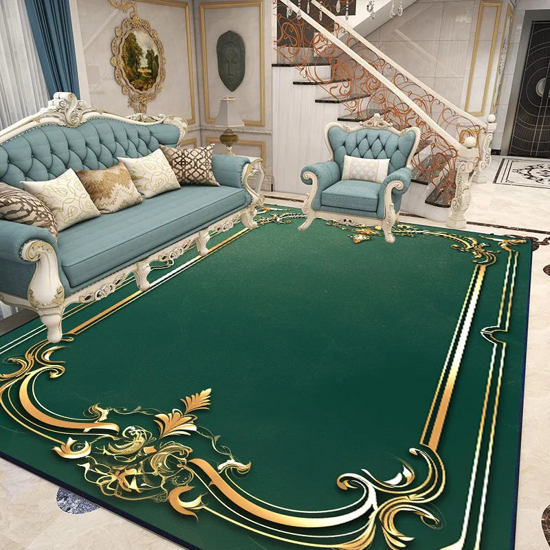 Une élégante pièce de salon avec des meubles ornés de style classique, des couleurs douces et des éléments décoratifs luxueux, créant une atmosphère raffinée et invitante.
