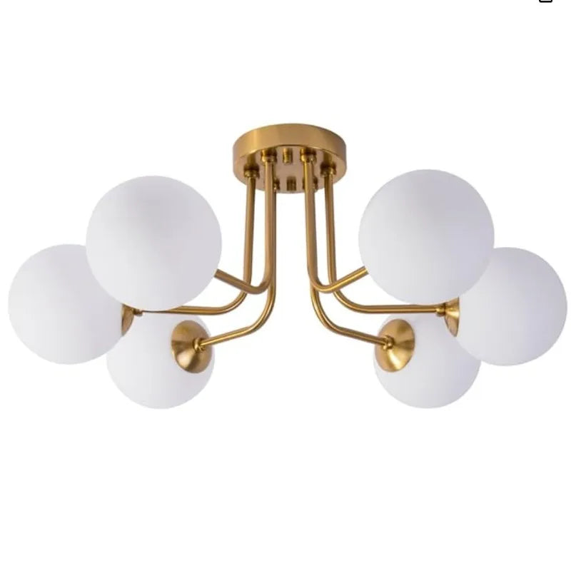 luminaire moderne or noir globes verre opaques semi suspendus métal