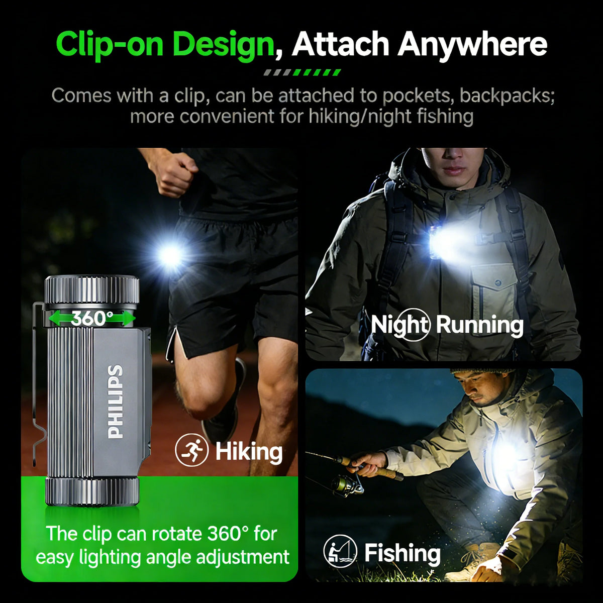 lampe frontale rechargeable clip on noir moderne pratique batterie