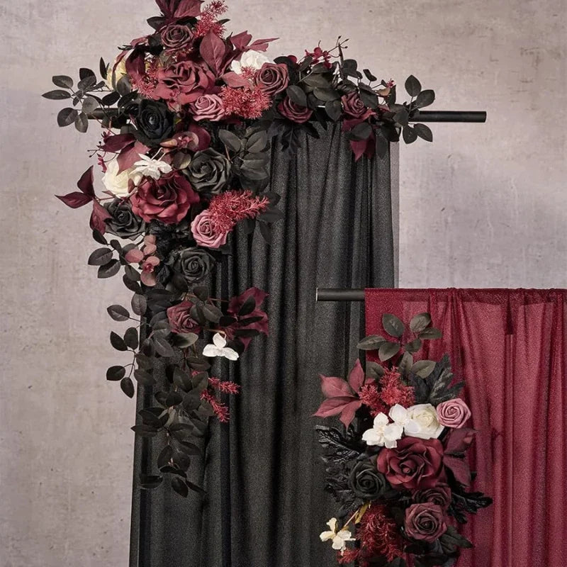 Arche décorative mariage extérieur tissu soie roses étoiles romantique gothique transparent Bordeaux Noir