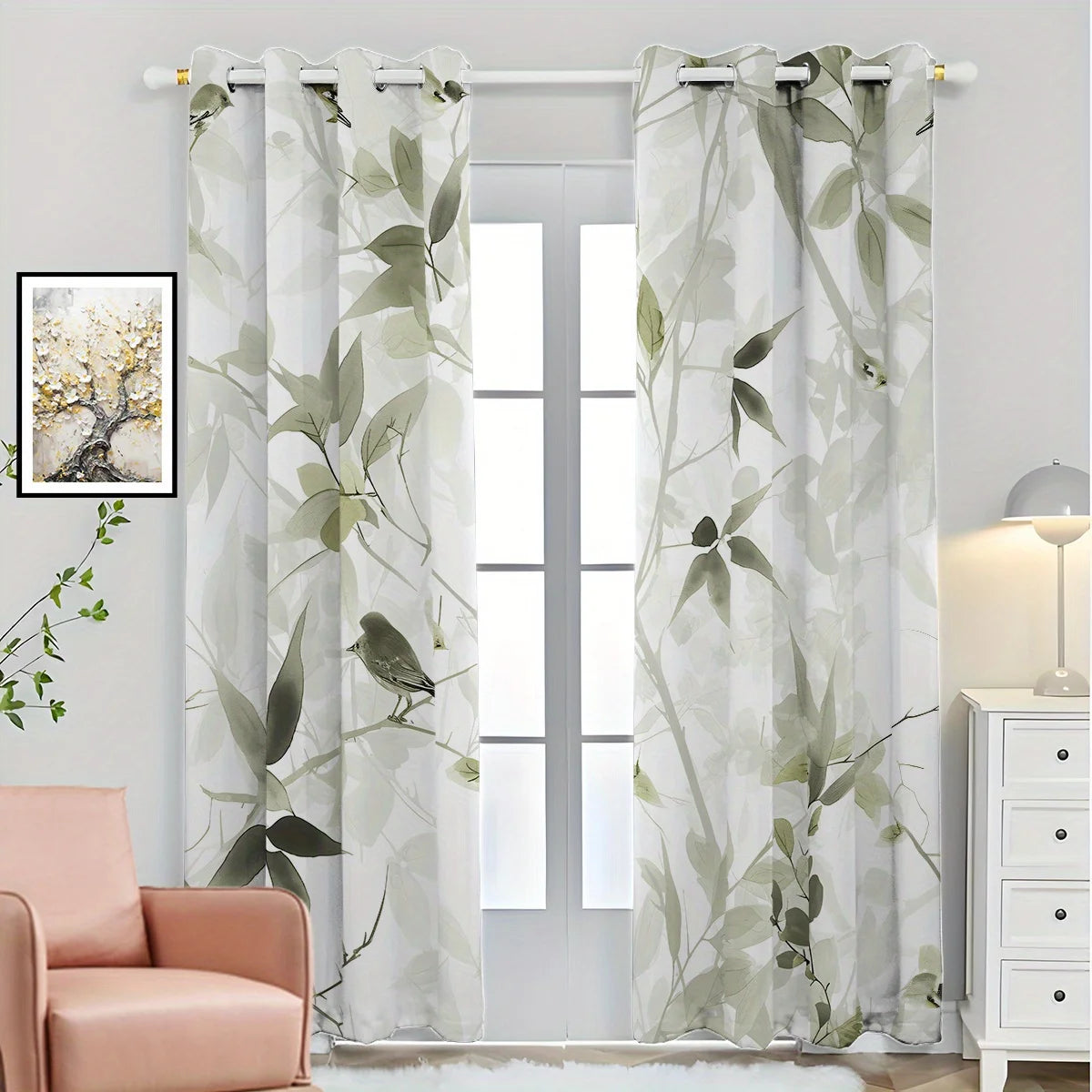 rideau imprimé feuilles oiseaux 100% polyester moderne blanc vert gris pièces