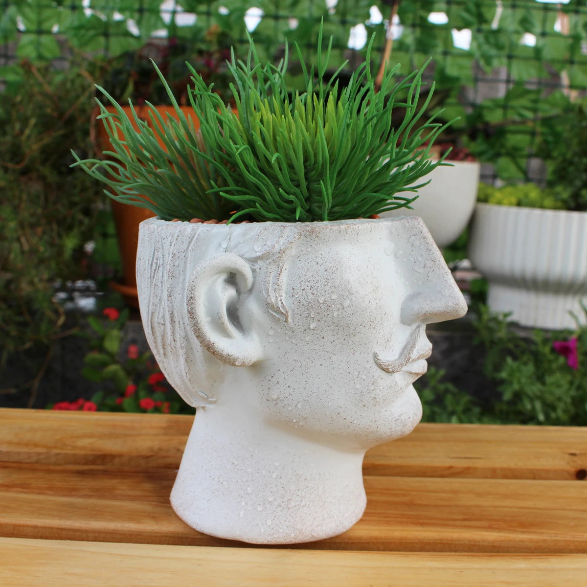 pot résine blanc moustache plantes vertes vintage tête masculine époxy décoratif sculpturalextérieur
