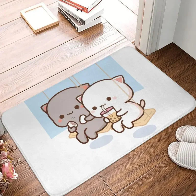 tapis sol moderne motif chat mignon mangeant nouilles rose gris blanc intérieur extérieur