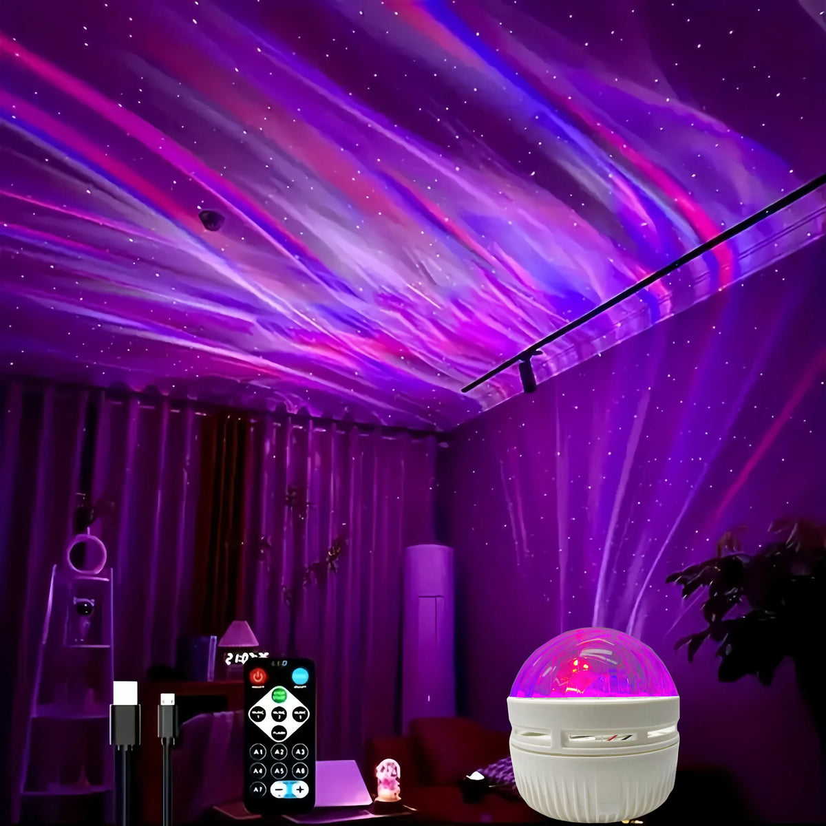 projecteur led blanc moderne télécommande aurore nordique ondulation eau décoration fête maison USB