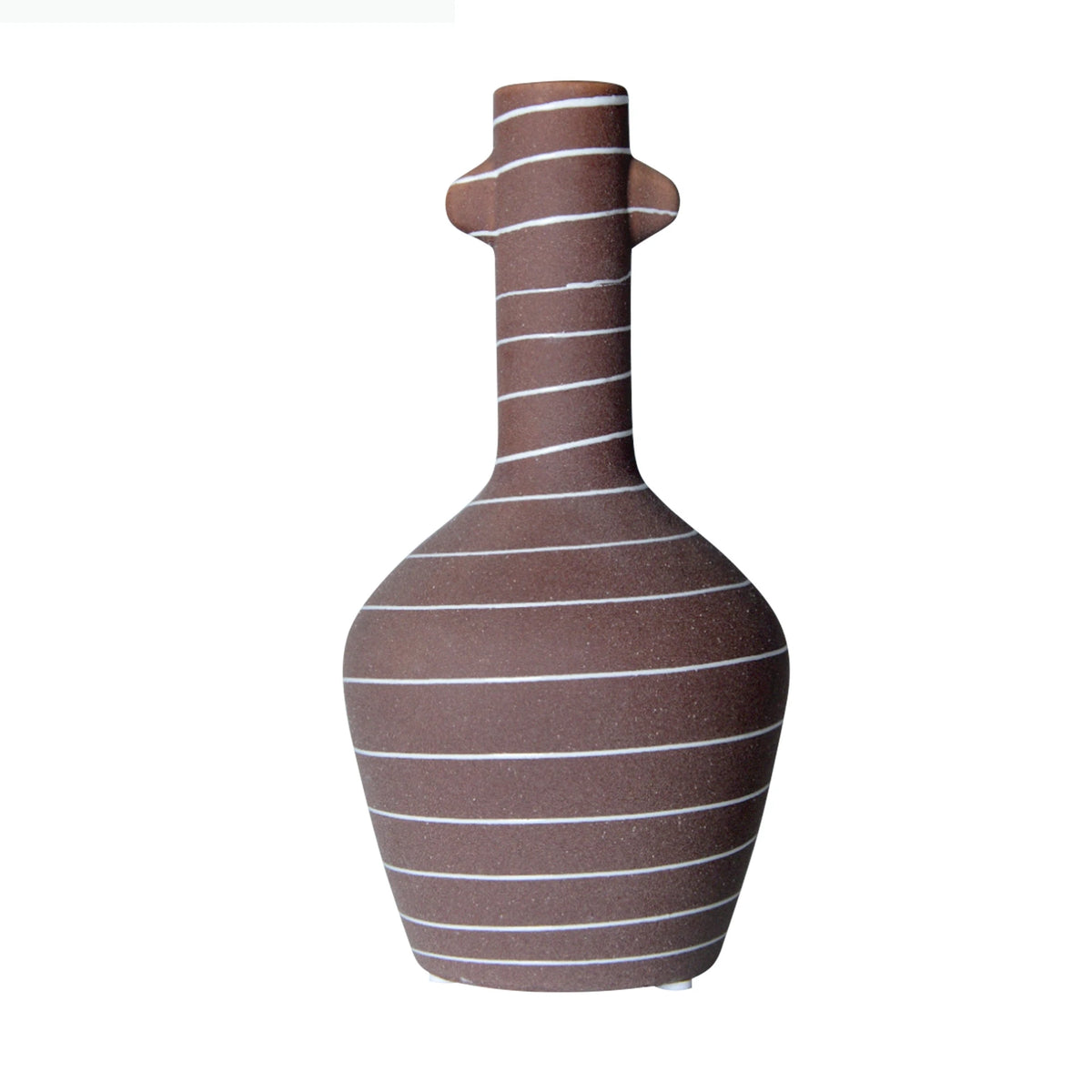 vase céramique moderne brun rougeâtre lignes blanches texture rugueuse minimaliste