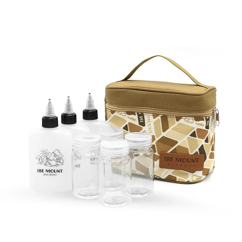 kit condiments portable camping marron beige vert olive boite bouteilles pratique moderne