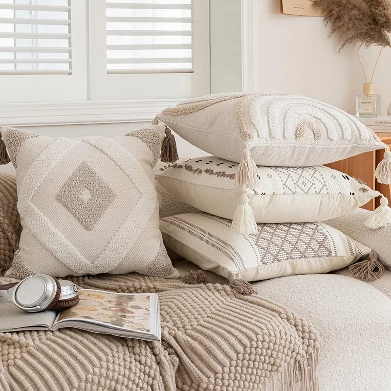 housse coussin beige motif géométrique brodé crocheté moderne amovible lavable boho chic