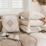 housse coussin beige motif géométrique brodé crocheté moderne amovible lavable boho chic