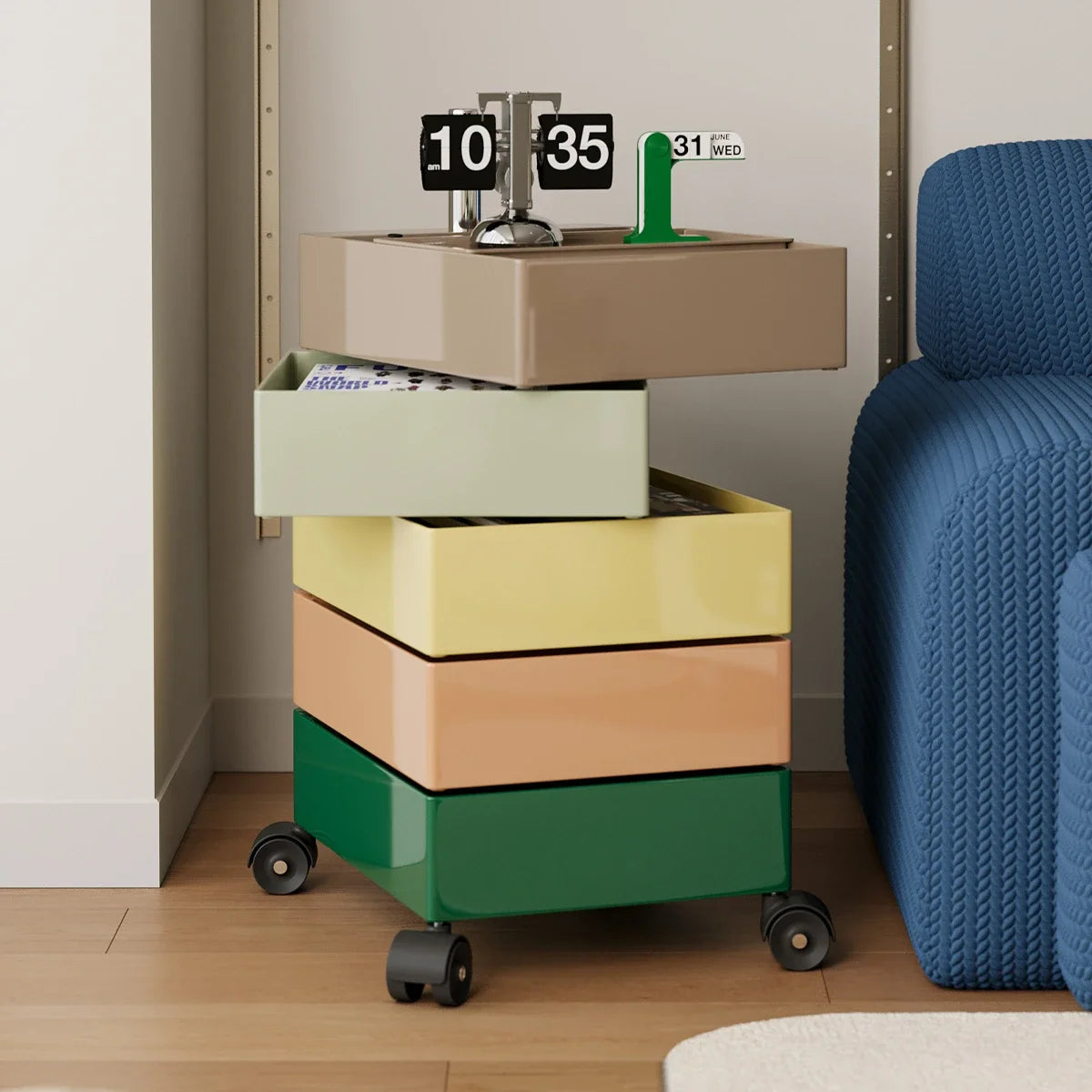 meuble tiroirs mobile moderne minimaliste marron clair vert beige jaune rose pâle sans motif