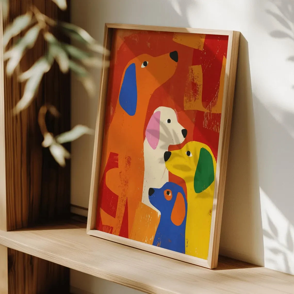 affiche abstraite chiens moderne orange jaune bleu verte chambre enfant pop art vibrant