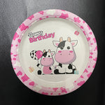 assiettes jetables vache rose anniversaire coeurs happy birthday serviettes fourchettes gobelets guirlande thème vache