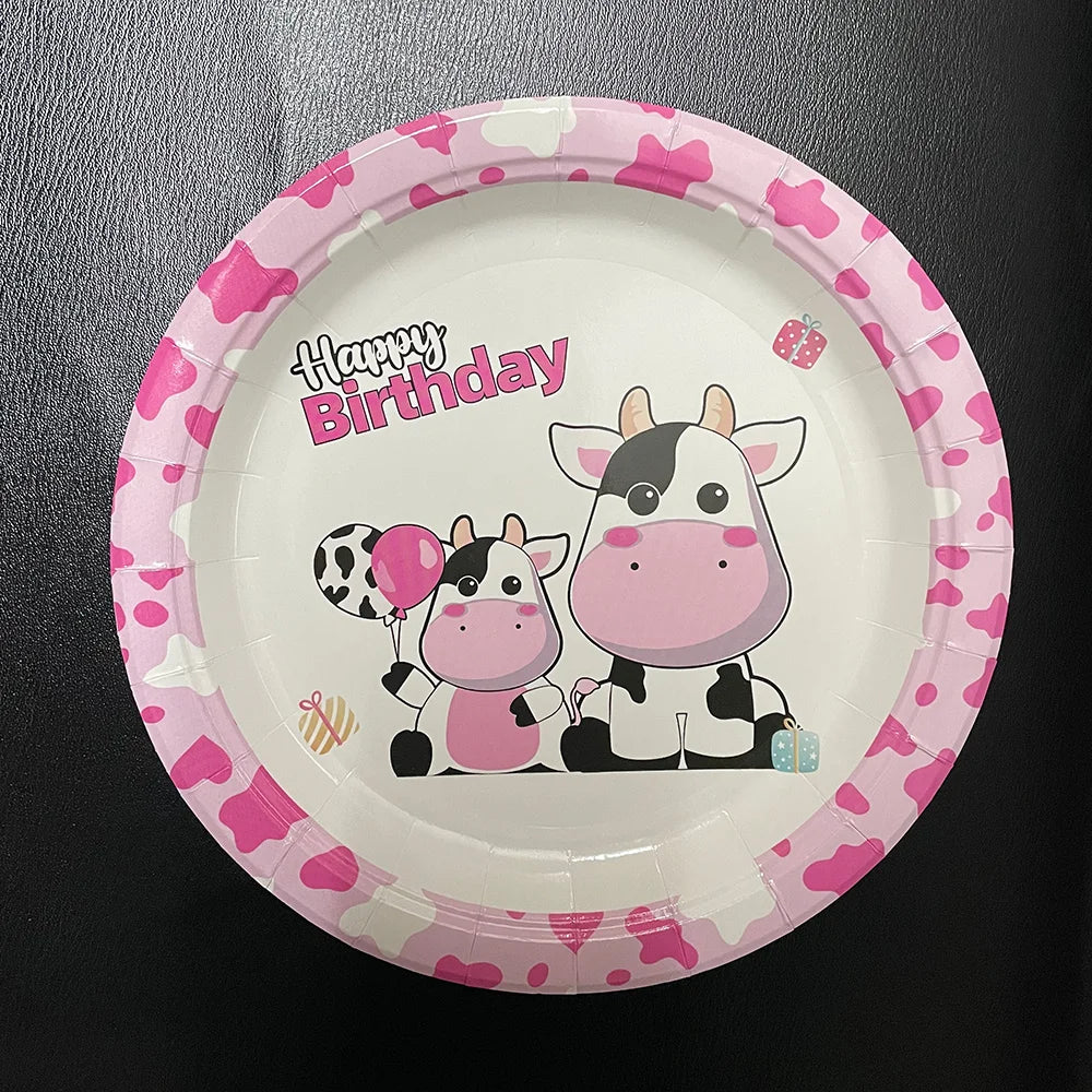 assiettes jetables vache rose anniversaire coeurs happy birthday serviettes fourchettes gobelets guirlande thème vache