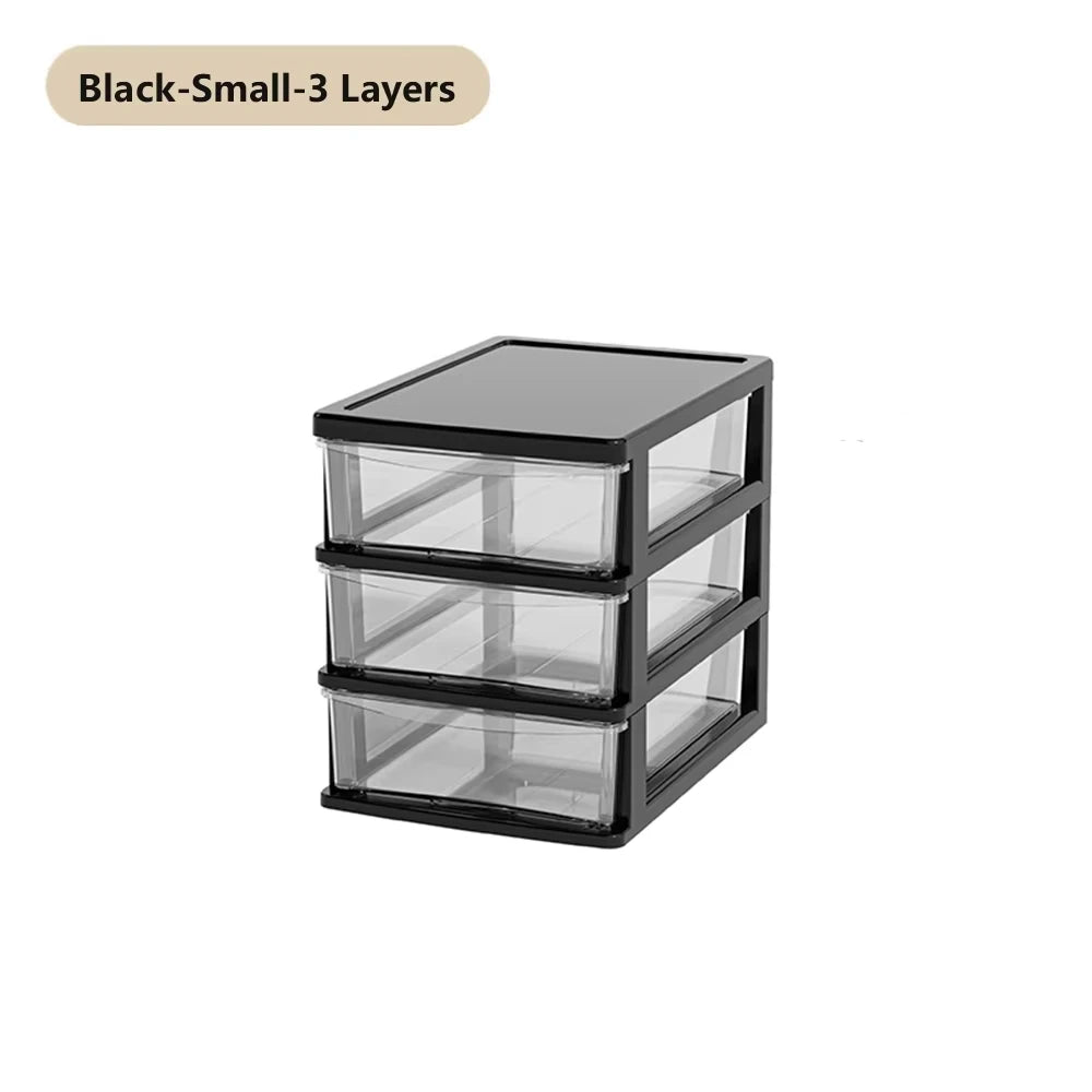 organiseur rangement transparent noir blanc tiroirs empilables boîtes bacs fournitures cosmétiques modernes minimalistes