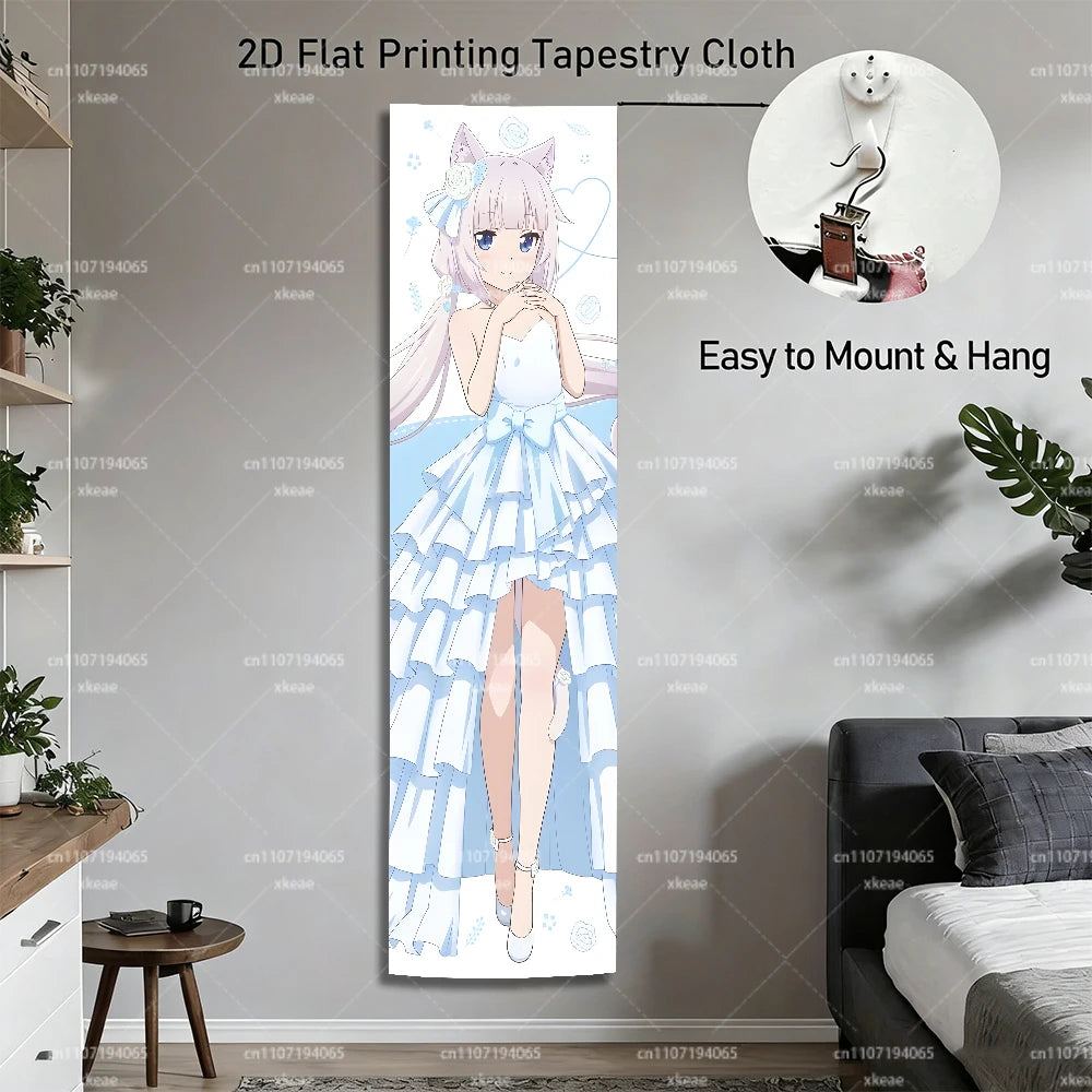 tapisserie anime fille oreilles chat robe volants fond bleu blanc rose chambre décoration mur