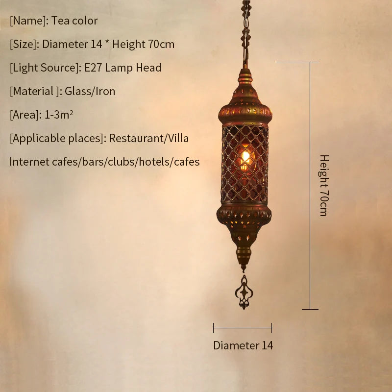 lampe suspendue vintage bronze rouge maille métallique chaîne restaurant chambre couloir motifs géométriques