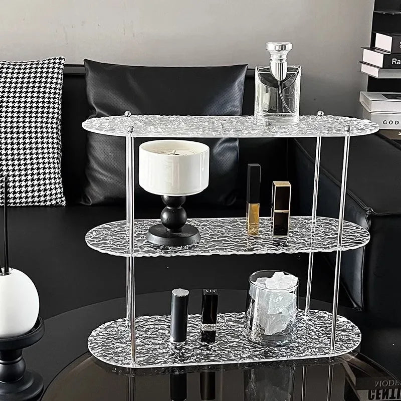 étagère deux niveaux transparente moderne pieds métalliques rangement parfum vaisselle décoratives multifonctionnelle salon