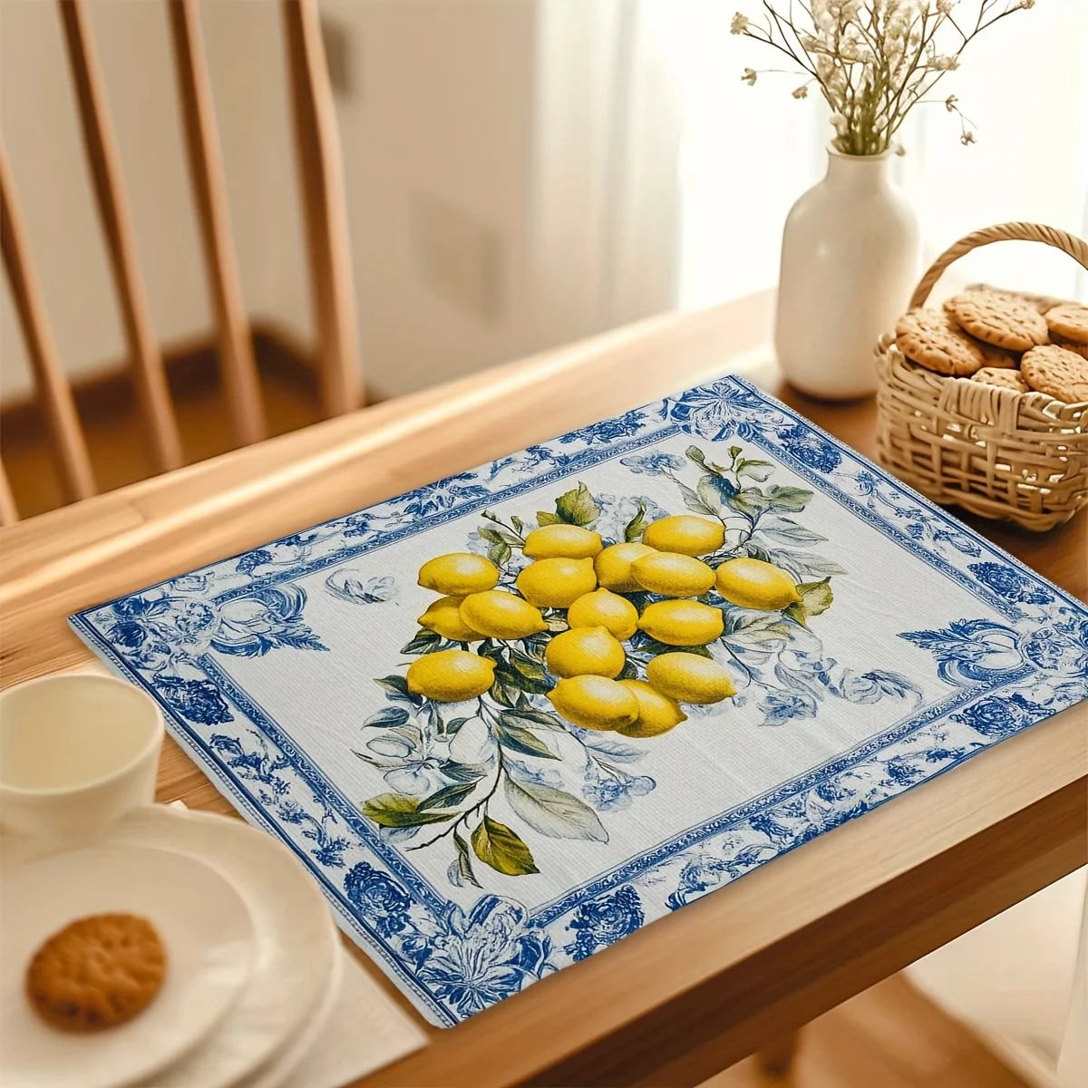 placemats bleu jaune blanc motif floral citron mediterraneen decor 12x30cm 18x45cm set
