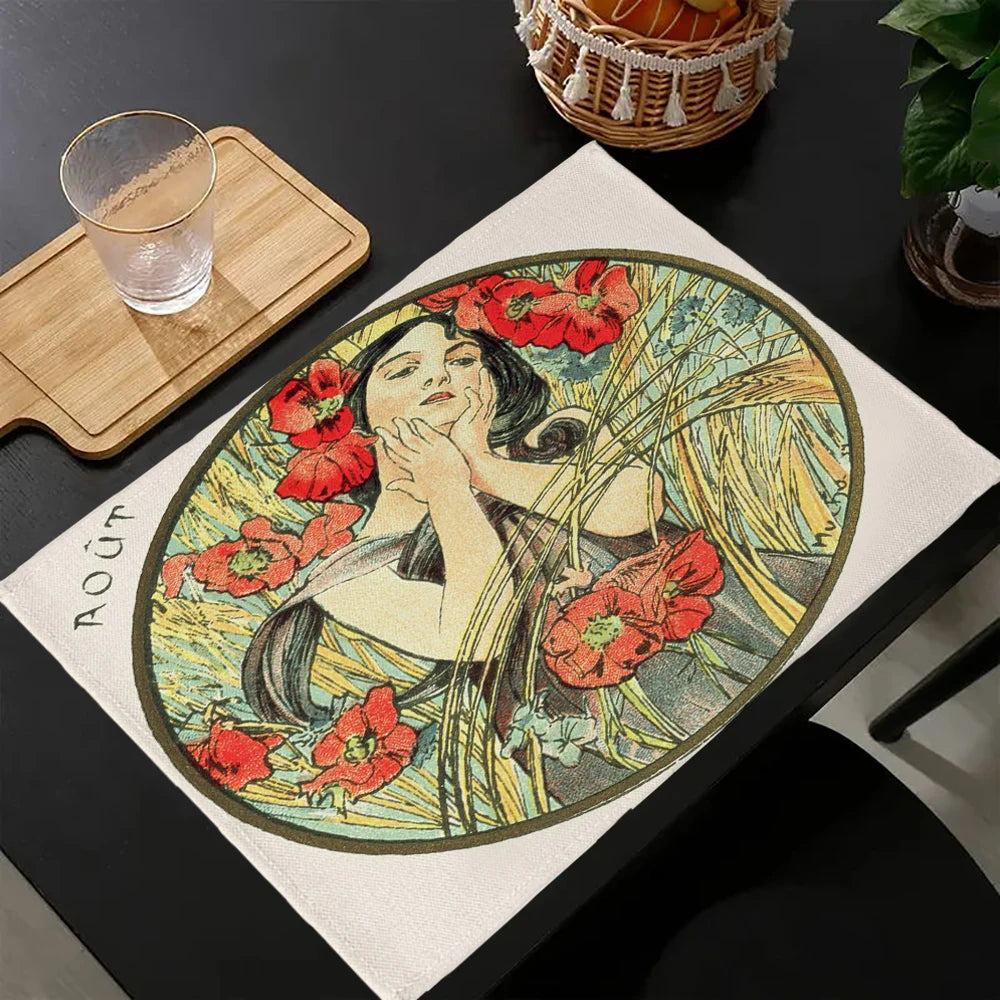 Napperon de table Alphonse Mucha en lin couleur jaune pour une décoration lumineuse