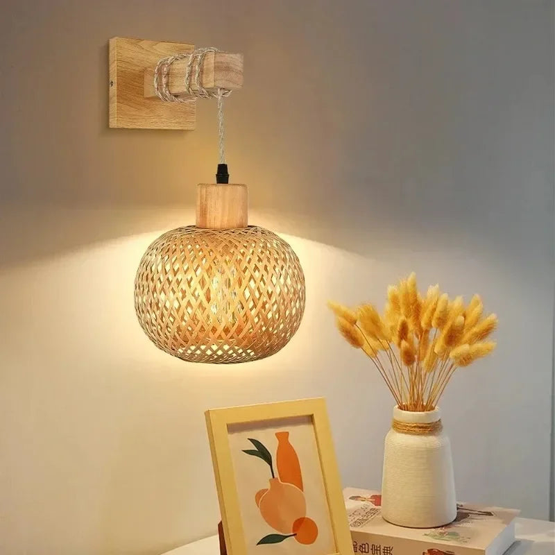 lampe suspension moderne tissage rotin finition bois naturel ampoule e26 cordon corde nylon vis