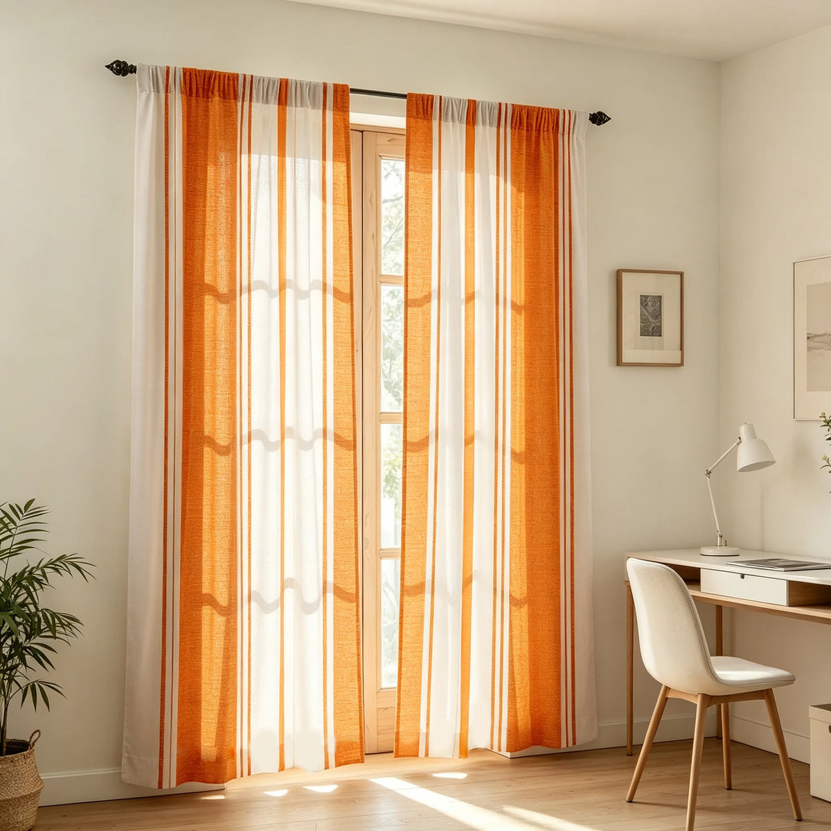 rideau vertical rayures orange blanc moderne minimaliste deux pièces salon translucent polyester