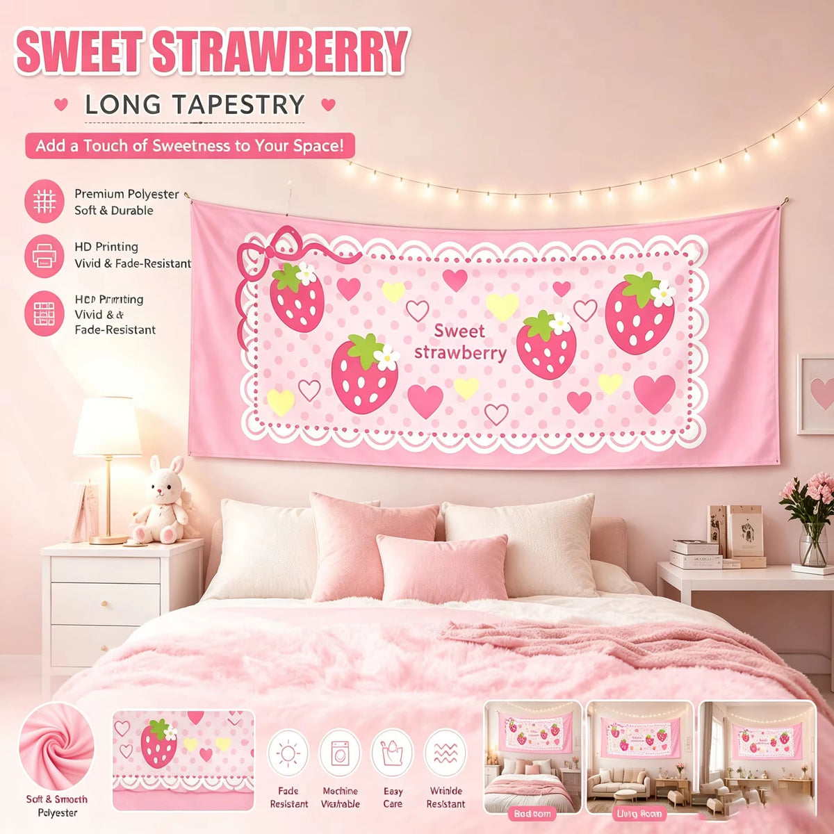 tapisserie murale longue fraises coeurs dentelle rose chambre fille kawaii décoration tête lit douce