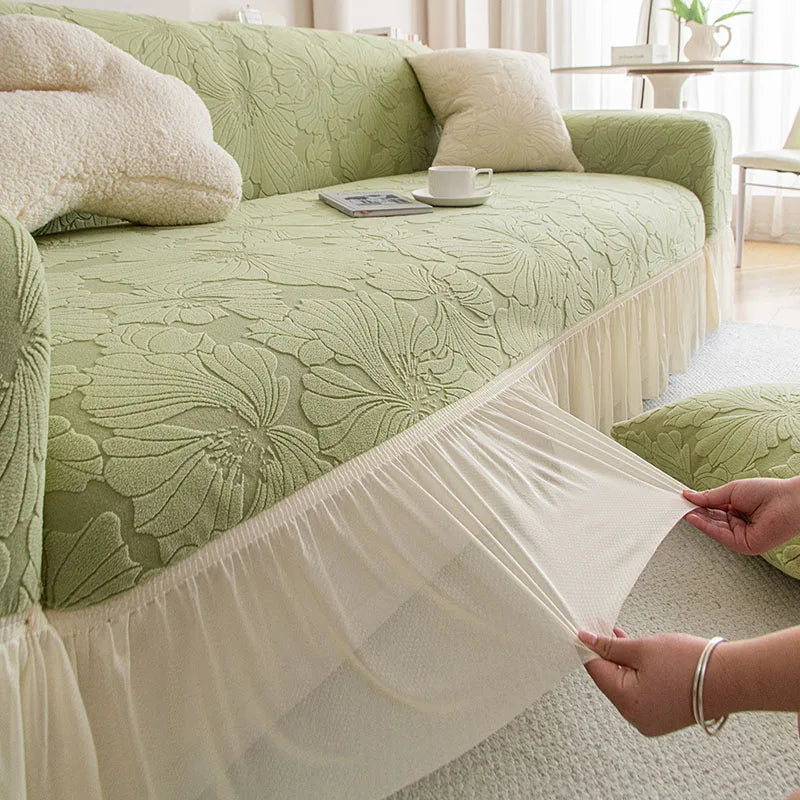 housse canapé velours jacquard fleurs imprimées extensible coussin salon classique vert