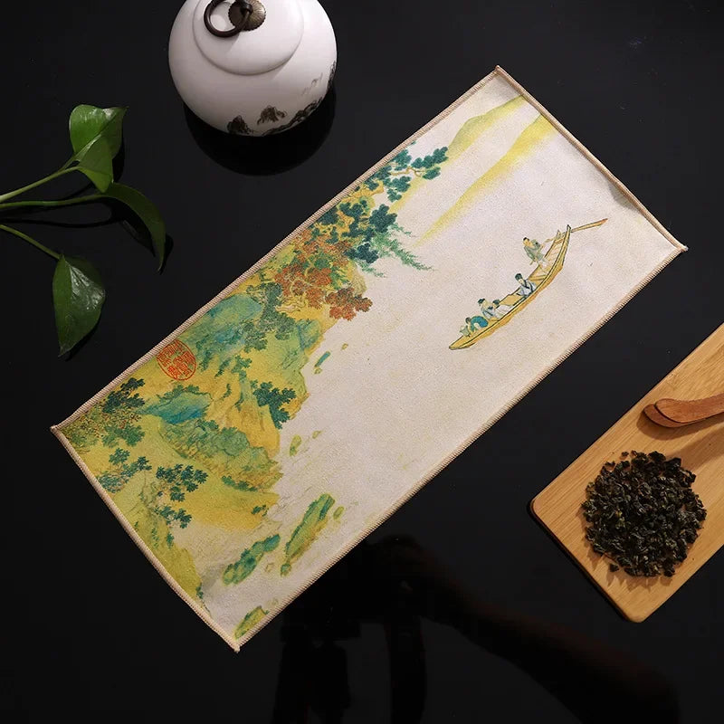 serviettes thé vert bleu beige peinture chinoise motifs floraux art traditionnel zipper cuisine