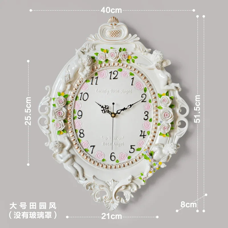 horloge murale baroque motif floral angelique blanc salon decoration aiguille quartz résine unique