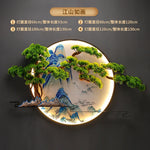lampe murale décorative paysagère artisanale vert bleu beige doré montagnes arbres eau nuages