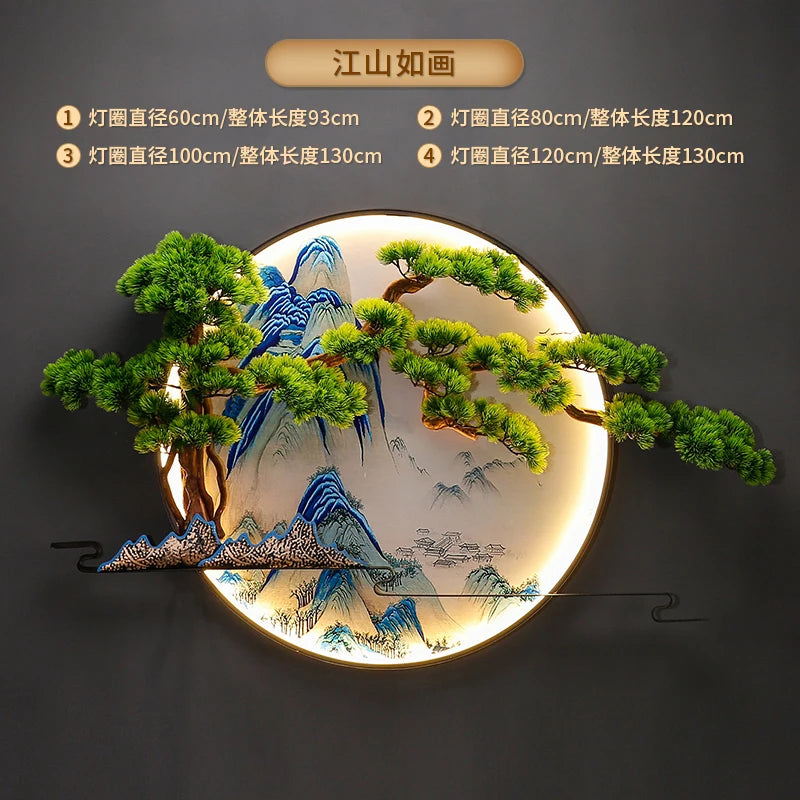lampe murale décorative paysagère artisanale vert bleu beige doré montagnes arbres eau nuages