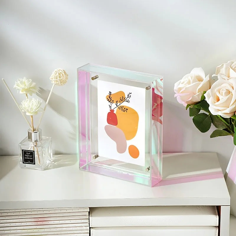 cadre photo moderne acrylique transparent floral bleu orange vert rose clips mural