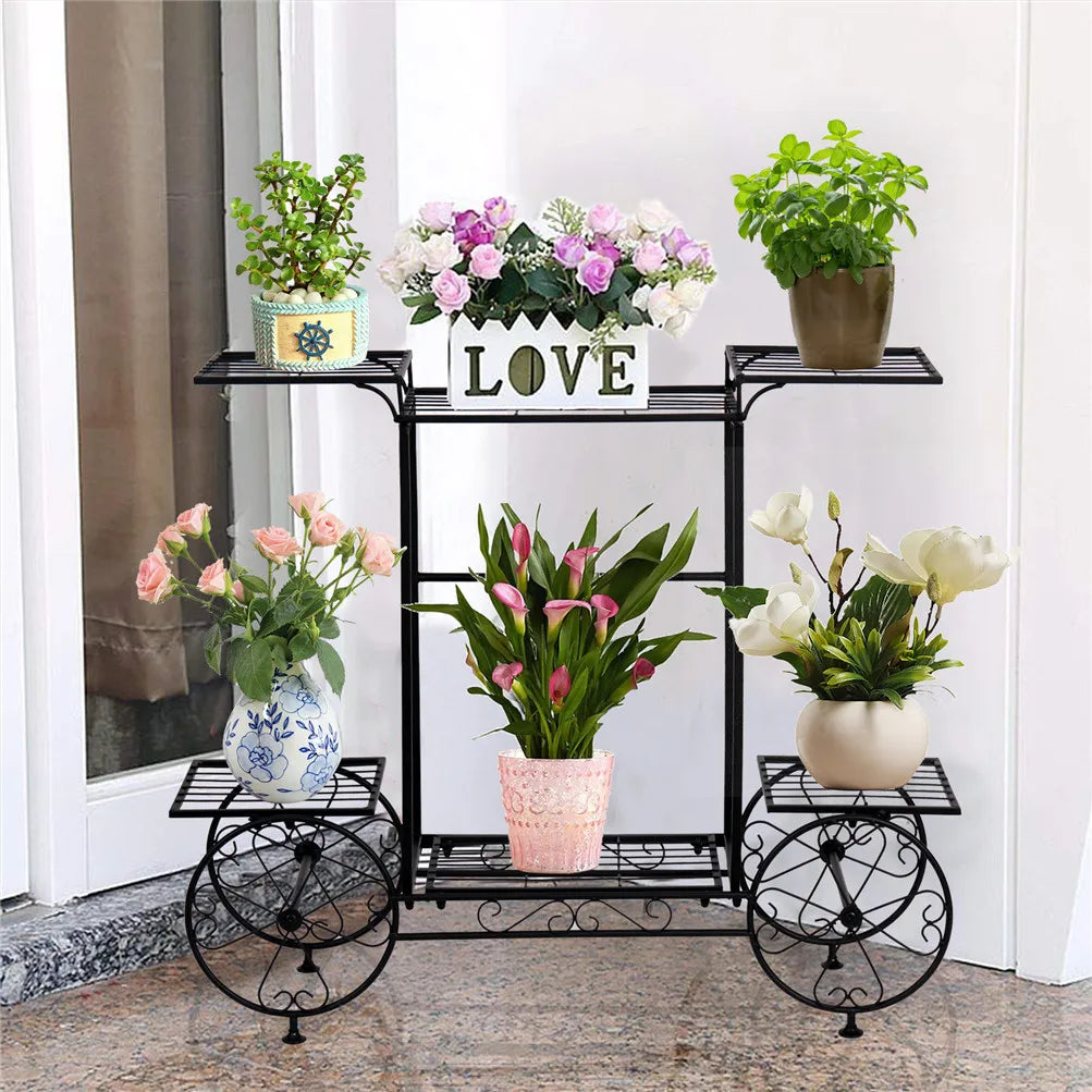 chariot fleurs métal forgé vintage niveaux pots succulentes plantes moyennesextérieur decoration noir