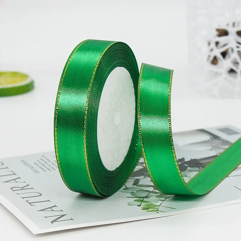ruban satin polyester rose vert élégant 22mètres 2cm bord doré uni opaque emballage cadeau