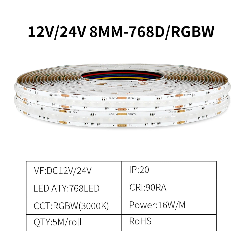ruban led cob blanc flexible adhésif moderne 12v 24v 768leds/m 50000h