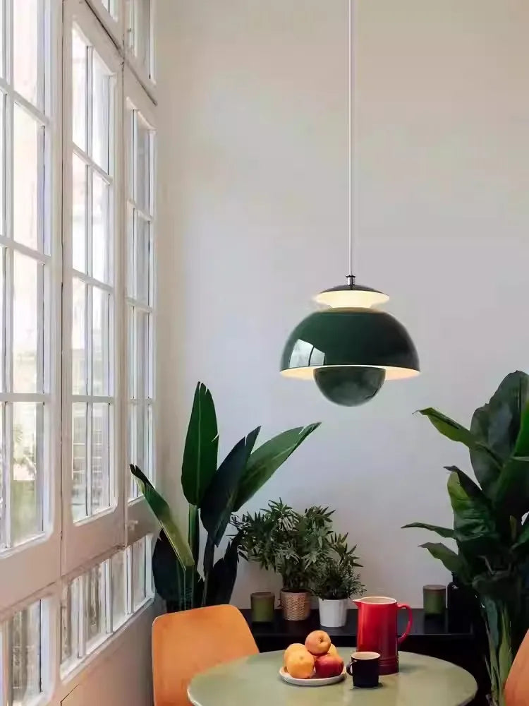 lumière suspendue moderne scandinave deux demi sphères concentriques salon chambre étude orange vert noir