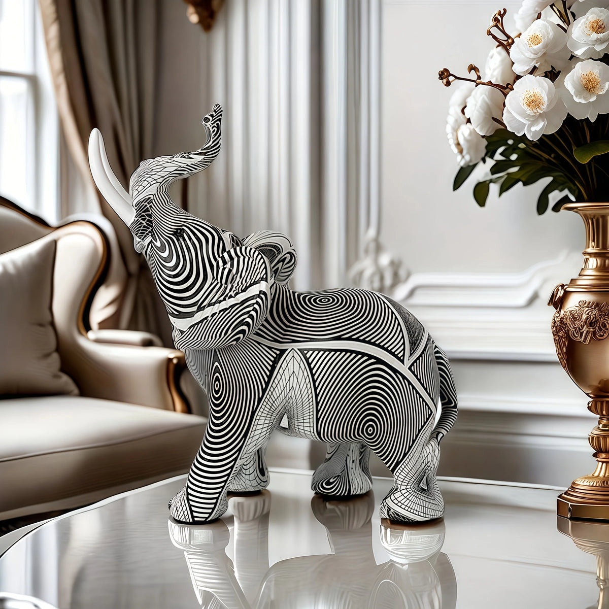 statue éléphant résine rayée noir blanc artisanale décoration moderne maison salon