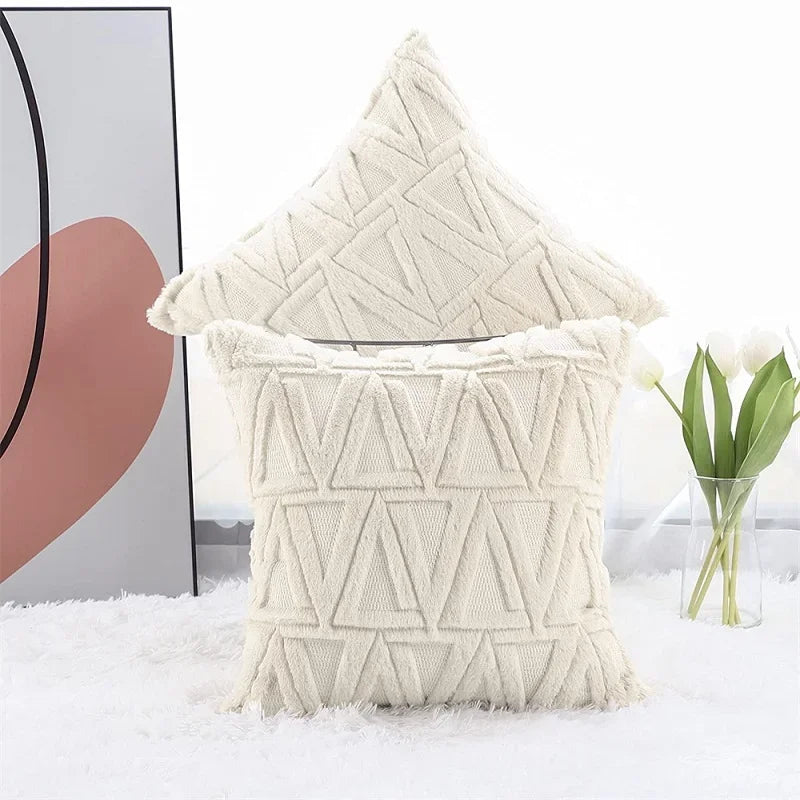 coussin blanc peluche triangles géométriques doux moderne confortable sans insert invisible zip 30x50cm 40x40cm