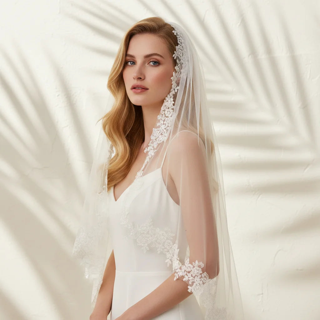 voile mariée blanc broderie florale classique bordure dentelle transparent femme